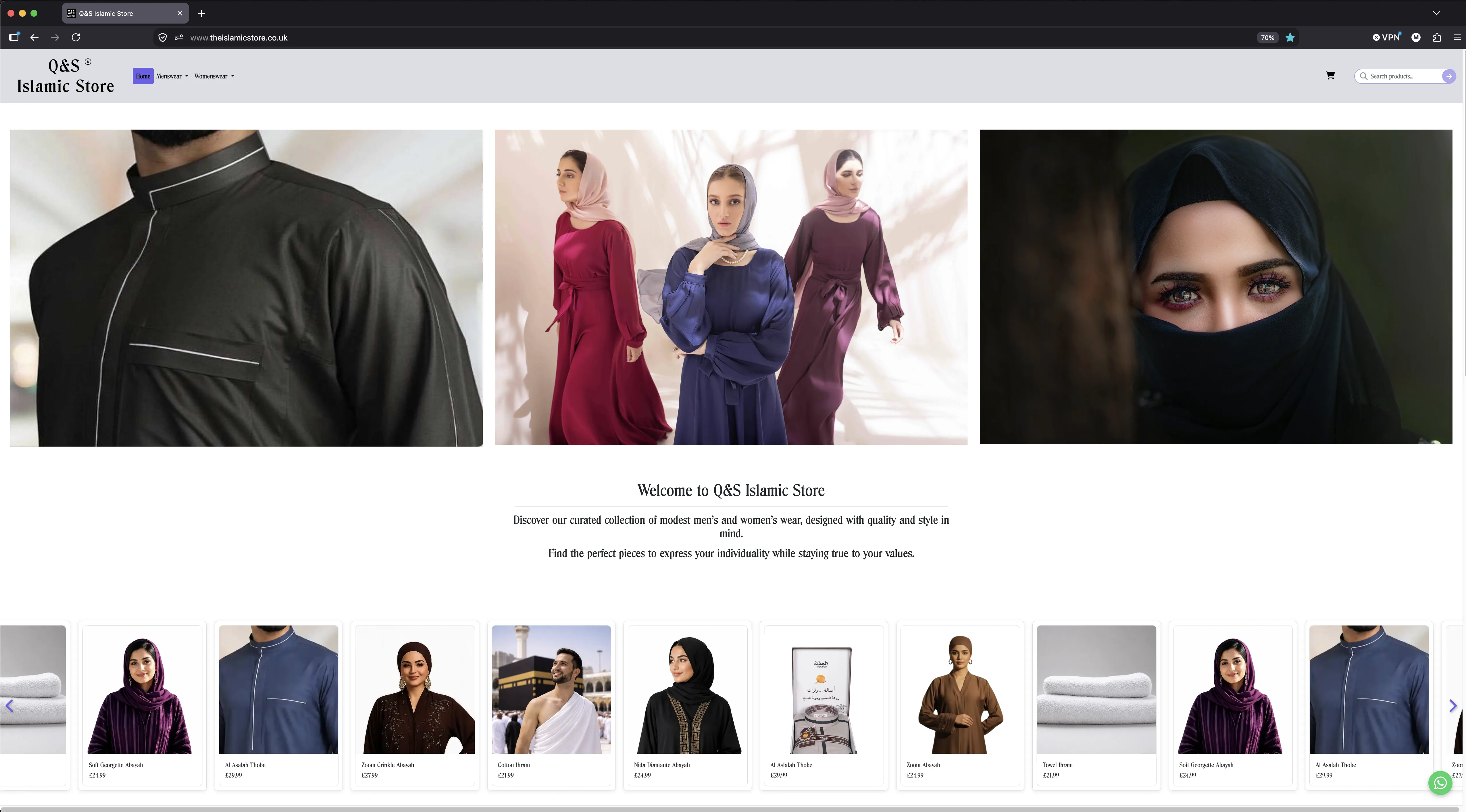 Q&S Islamic Store website displayed in a desktop browser